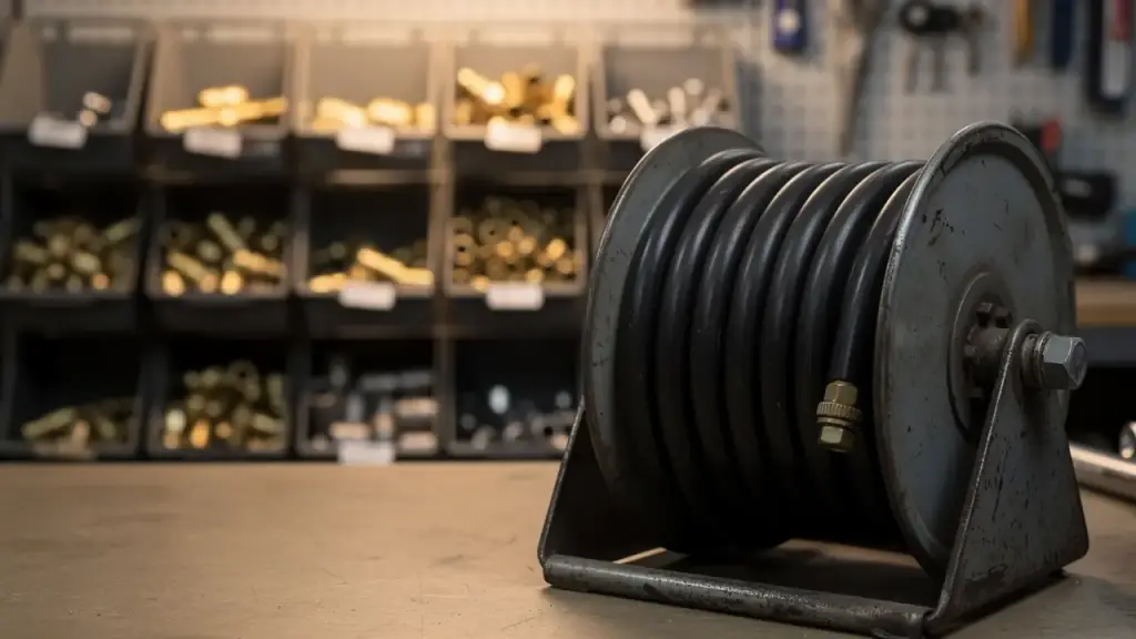 Black hydraulic hose coiled on a steel reel in front of bins of brass fittings